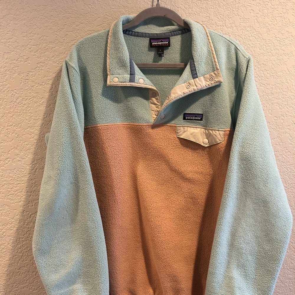 Patagonia Two-Tone Mint Green and Tan Fleece Crewneck